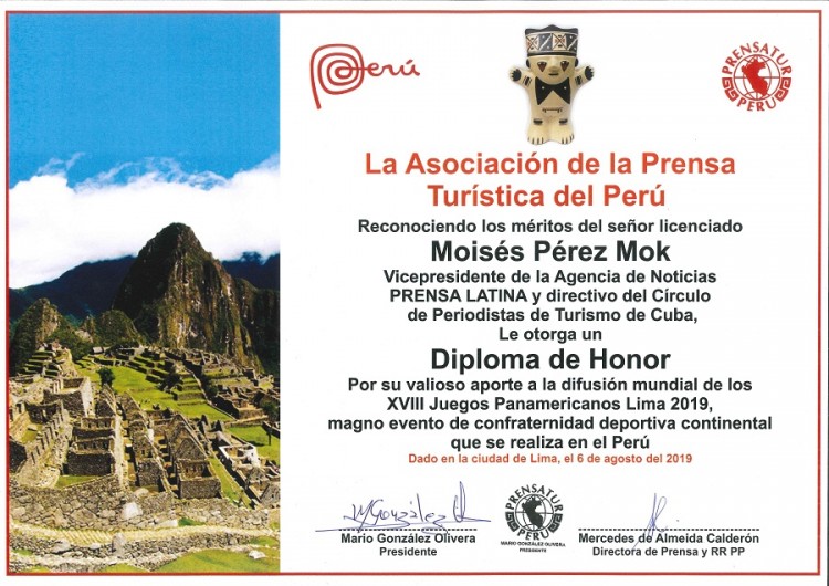 PRENSATUR Per&uacute; distingui&oacute; a Directivo de la Prensa Tur&iacute;stica de Cuba